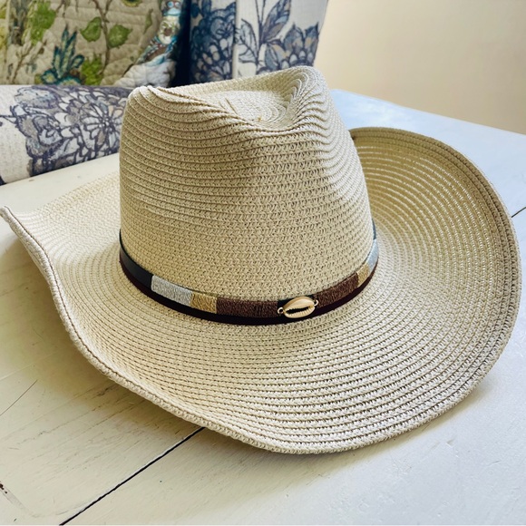 Unbranded Accessories - Classic Cream Tan Cowboy Hat Brown Band Metallic Accents Cowrie Shell